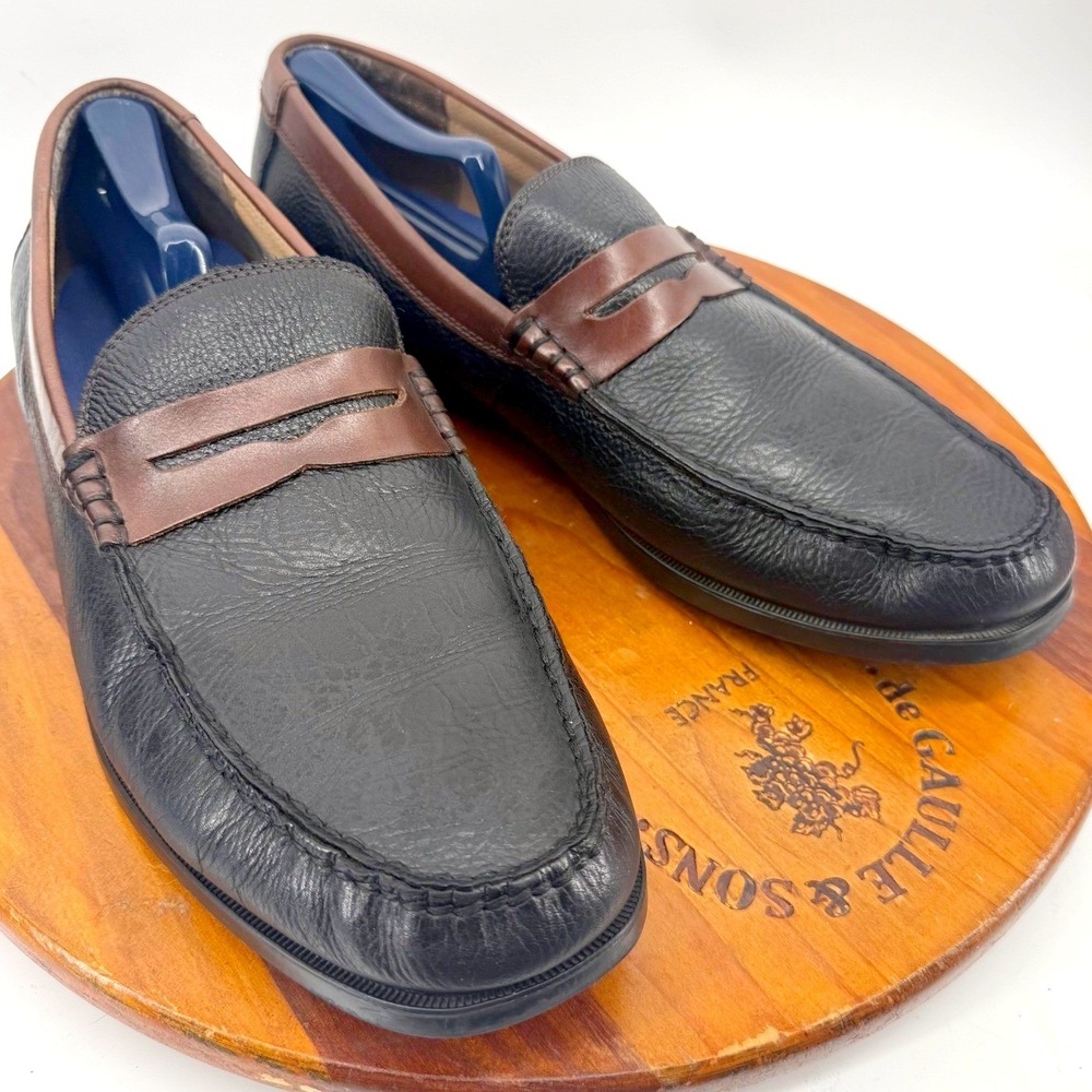 Florsheim Leather Penny Loafers Mens 12 Black Brown Two Tone Moc Toe Shoes EUC